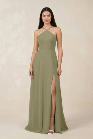 Halter Chiffon A - Line Bridesmaid Dress With Slit in Thyme - SHE IS ME Bridesmaid Dresses
