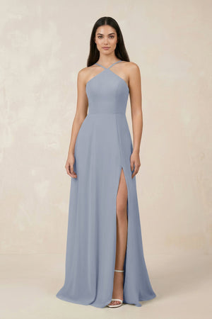 Halter Chiffon A - Line Bridesmaid Dress With Slit in Twilight - SHE IS ME Bridesmaid Dresses