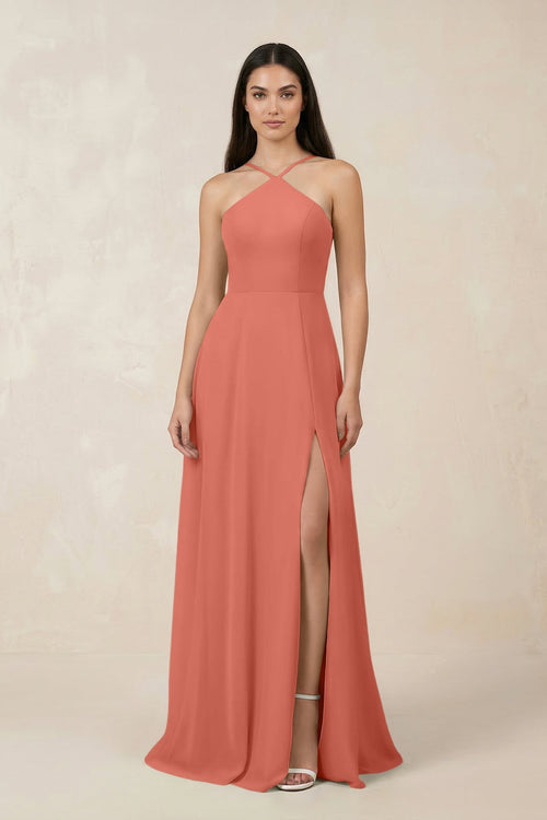 Halter Chiffon A - Line Bridesmaid Dress With Slit in Wild Rose - SHE IS ME Bridesmaid Dresses