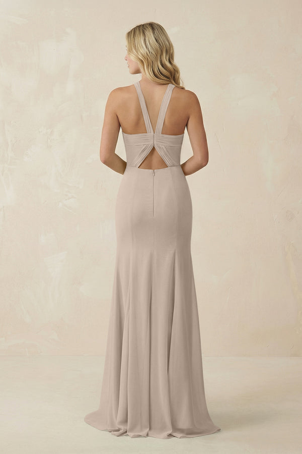 Halter Chiffon Mermaid Ruched Bridesmaid Dress in Almond - SHE IS ME Bridesmaid Dresses