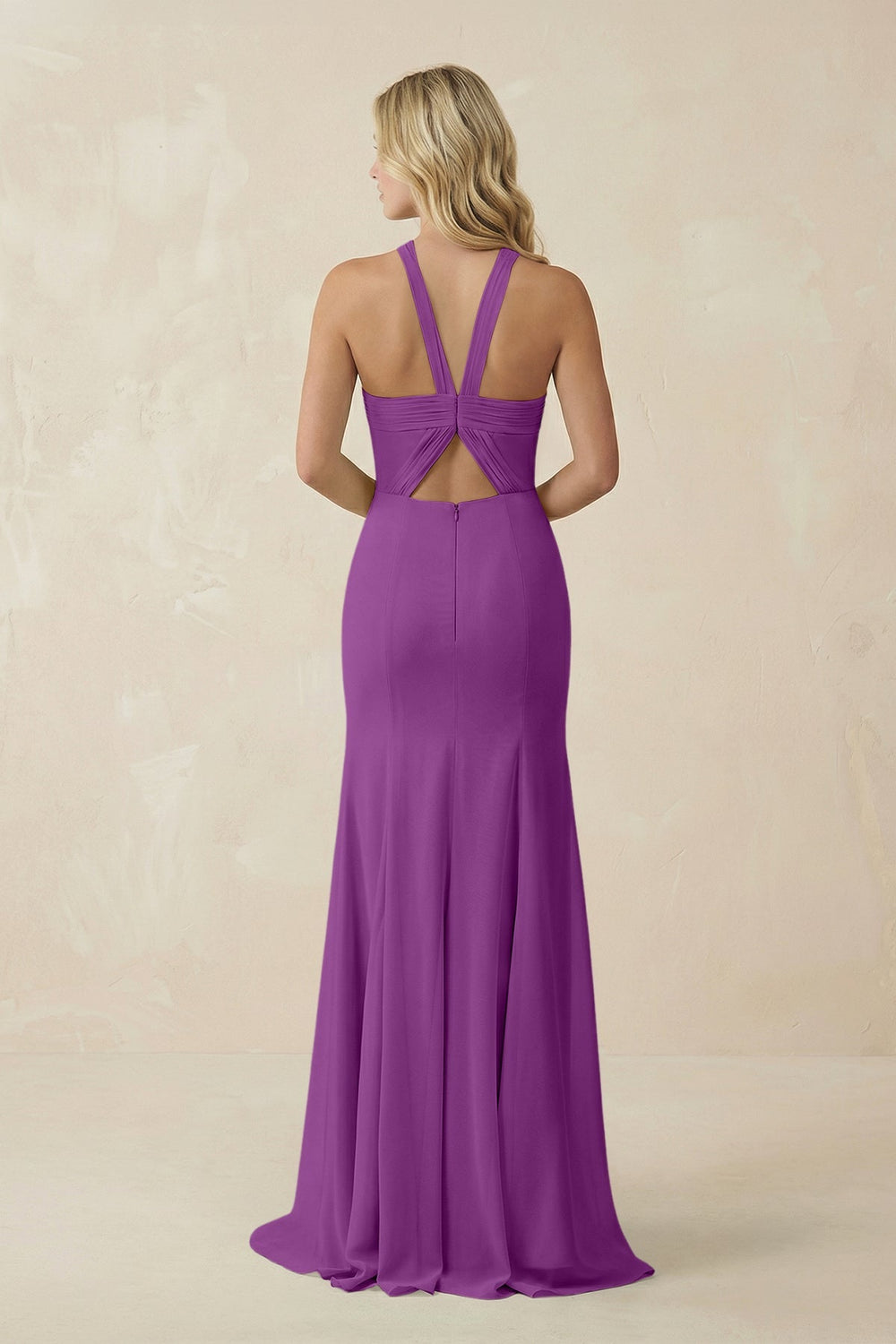 Halter Chiffon Mermaid Ruched Bridesmaid Dress in Amethyst - SHE IS ME Bridesmaid Dresses