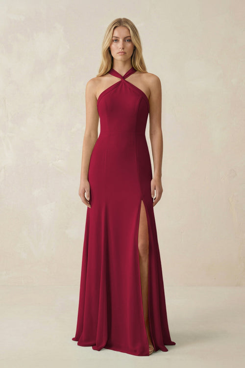 Halter Chiffon Mermaid Ruched Bridesmaid Dress in Berry - SHE IS ME Bridesmaid Dresses