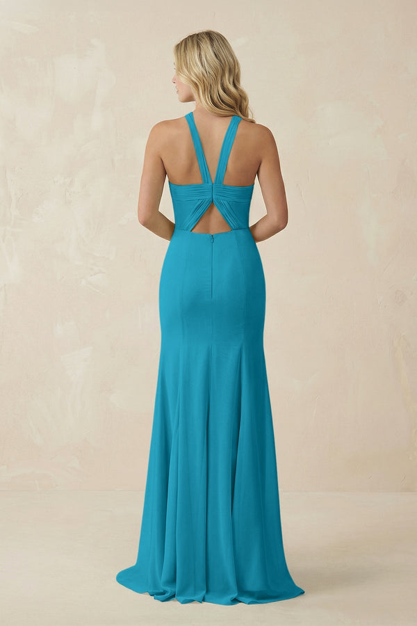 Halter Chiffon Mermaid Ruched Bridesmaid Dress in Blue Jay - SHE IS ME Bridesmaid Dresses