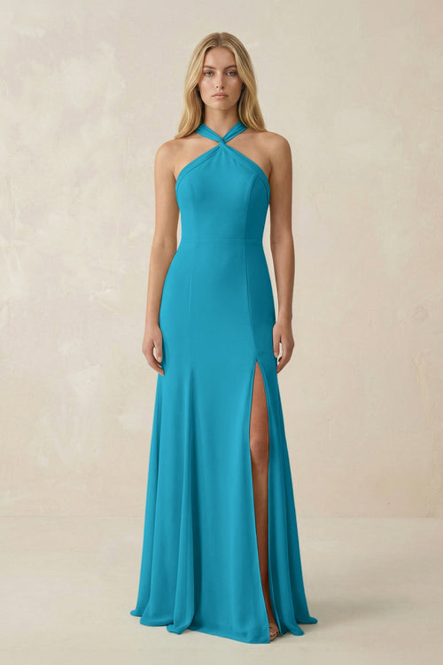Halter Chiffon Mermaid Ruched Bridesmaid Dress in Blue Jay - SHE IS ME Bridesmaid Dresses
