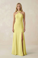 Halter Chiffon Mermaid Ruched Bridesmaid Dress in Buttercup - SHE IS ME Bridesmaid Dresses