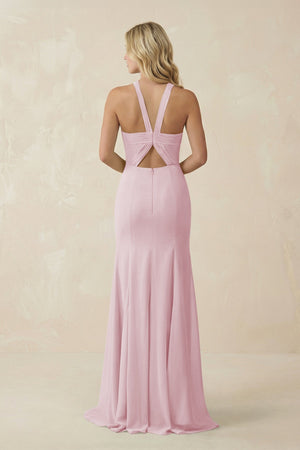 Halter Chiffon Mermaid Ruched Bridesmaid Dress in Candy Pink - SHE IS ME Bridesmaid Dresses