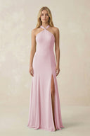 Halter Chiffon Mermaid Ruched Bridesmaid Dress in Candy Pink - SHE IS ME Bridesmaid Dresses