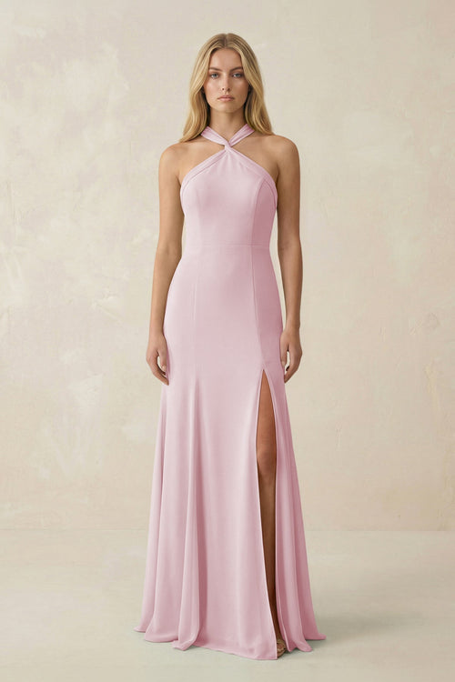 Halter Chiffon Mermaid Ruched Bridesmaid Dress in Candy Pink - SHE IS ME Bridesmaid Dresses