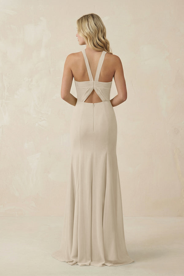 Halter Chiffon Mermaid Ruched Bridesmaid Dress in Champagne - SHE IS ME Bridesmaid Dresses