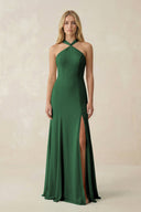 Halter Chiffon Mermaid Ruched Bridesmaid Dress in Dark Green - SHE IS ME Bridesmaid Dresses
