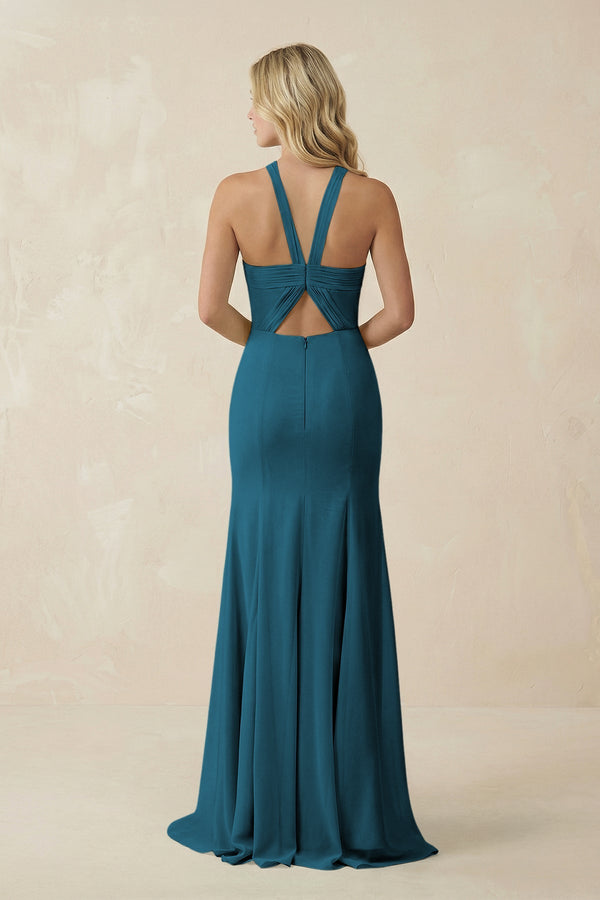 Halter Chiffon Mermaid Ruched Bridesmaid Dress in Dark Teal - SHE IS ME Bridesmaid Dresses