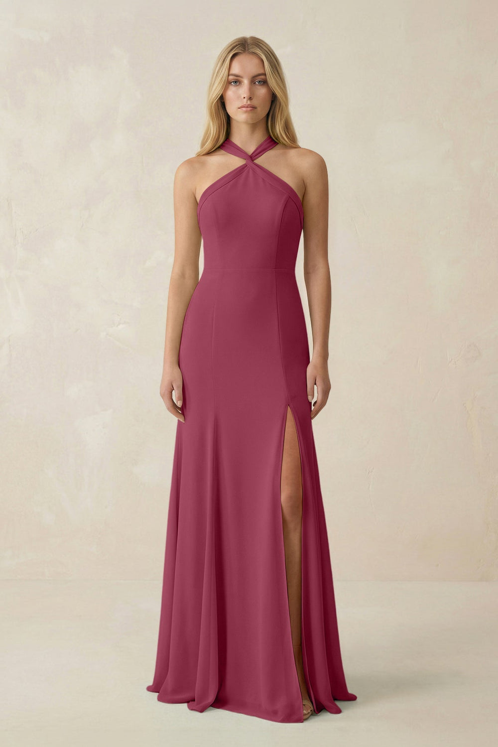 Halter Chiffon Mermaid Ruched Bridesmaid Dress in Desert Rose - SHE IS ME Bridesmaid Dresses