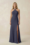 Halter Chiffon Mermaid Ruched Bridesmaid Dress in Dusk Blue - SHE IS ME Bridesmaid Dresses