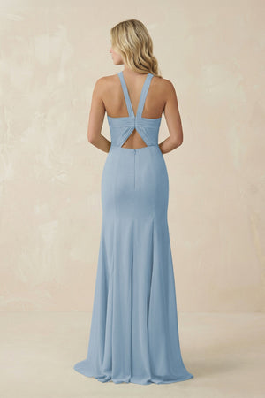 Halter Chiffon Mermaid Ruched Bridesmaid Dress in Dusty Blue - SHE IS ME Bridesmaid Dresses