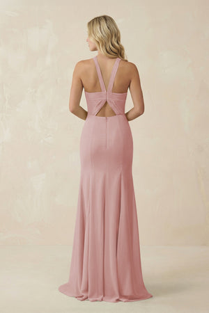 Halter Chiffon Mermaid Ruched Bridesmaid Dress in Dusty Rose - SHE IS ME Bridesmaid Dresses