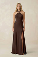 Halter Chiffon Mermaid Ruched Bridesmaid Dress in Espresso - SHE IS ME Bridesmaid Dresses