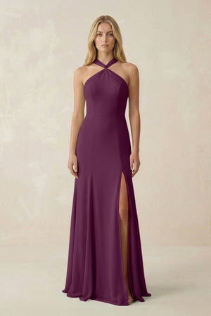 Halter Chiffon Mermaid Ruched Bridesmaid Dress in Fig - SHE IS ME Bridesmaid Dresses