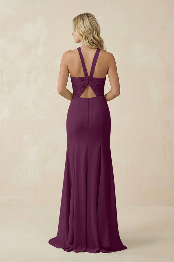 Halter Chiffon Mermaid Ruched Bridesmaid Dress in Fig - SHE IS ME Bridesmaid Dresses