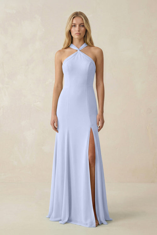 Halter Chiffon Mermaid Ruched Bridesmaid Dress in Ice - SHE IS ME Bridesmaid Dresses