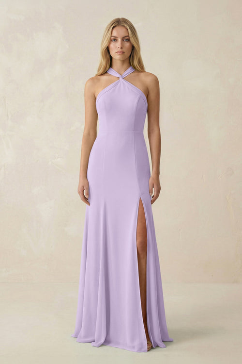 Halter Chiffon Mermaid Ruched Bridesmaid Dress in Lavender - SHE IS ME Bridesmaid Dresses