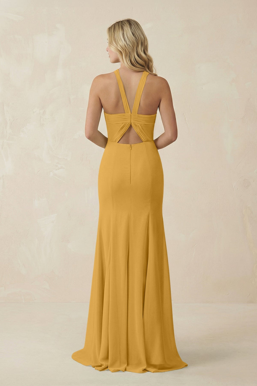 Halter Chiffon Mermaid Ruched Bridesmaid Dress in Marigold - SHE IS ME Bridesmaid Dresses