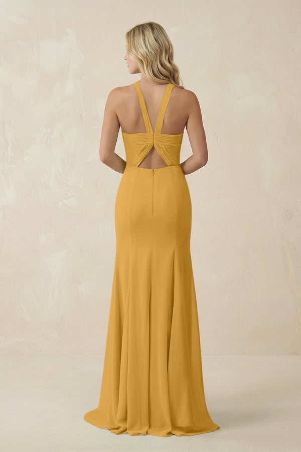 Halter Chiffon Mermaid Ruched Bridesmaid Dress in Marigold - SHE IS ME Bridesmaid Dresses