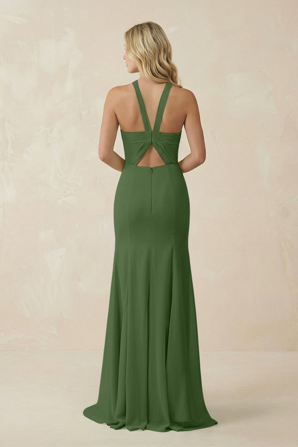 Halter Chiffon Mermaid Ruched Bridesmaid Dress in Moss - SHE IS ME Bridesmaid Dresses