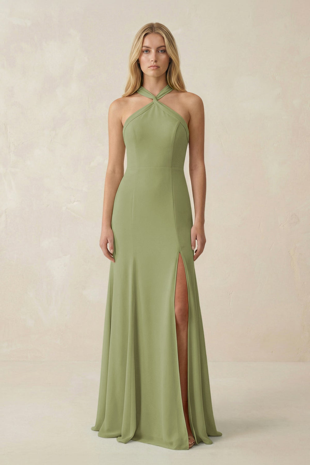 Halter Chiffon Mermaid Ruched Bridesmaid Dress in Moss Green - SHE IS ME Bridesmaid Dresses