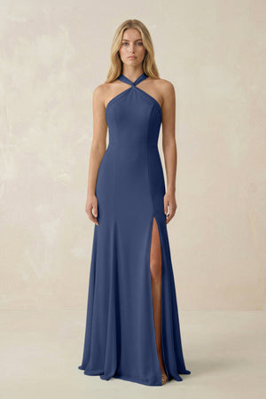 Halter Chiffon Mermaid Ruched Bridesmaid Dress in Navy - SHE IS ME Bridesmaid Dresses