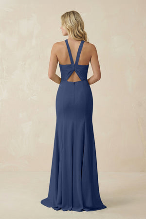 Halter Chiffon Mermaid Ruched Bridesmaid Dress in Navy - SHE IS ME Bridesmaid Dresses