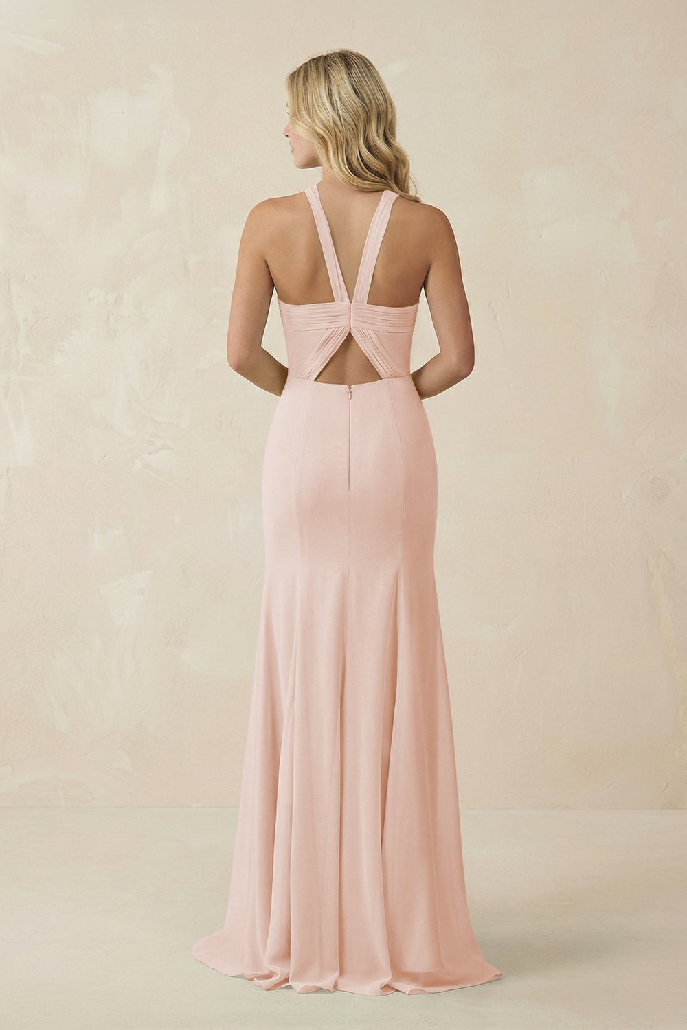Halter Chiffon Mermaid Ruched Bridesmaid Dress in Pale Blush - SHE IS ME Bridesmaid Dresses