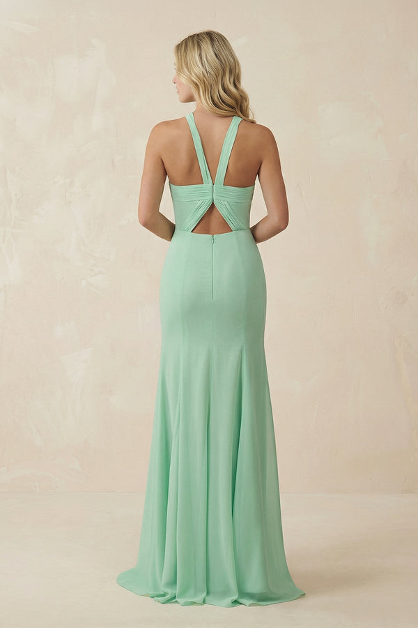 Halter Chiffon Mermaid Ruched Bridesmaid Dress in Pale Pistachio - SHE IS ME BRIDESMAID DRESSES