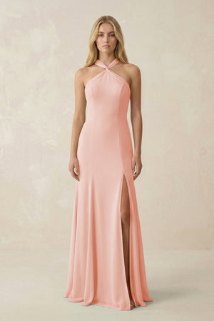 Halter Chiffon Mermaid Ruched Bridesmaid Dress in Rose Petal - SHE IS ME Bridesmaid Dresses