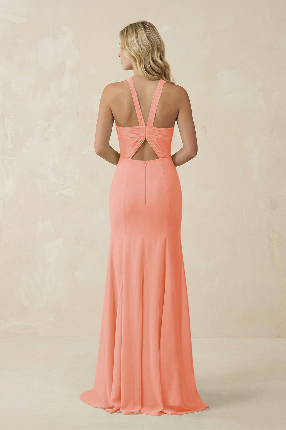 Halter Chiffon Mermaid Ruched Bridesmaid Dress in Rosette - SHE IS ME Bridesmaid Dresses