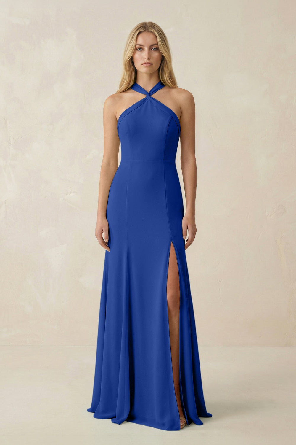 Halter Chiffon Mermaid Ruched Bridesmaid Dress in Royal Blue - SHE IS ME Bridesmaid Dresses