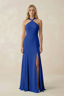 Halter Chiffon Mermaid Ruched Bridesmaid Dress in Royal Blue - SHE IS ME Bridesmaid Dresses