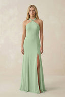 Halter Chiffon Mermaid Ruched Bridesmaid Dress in Sage - SHE IS ME Bridesmaid Dresses