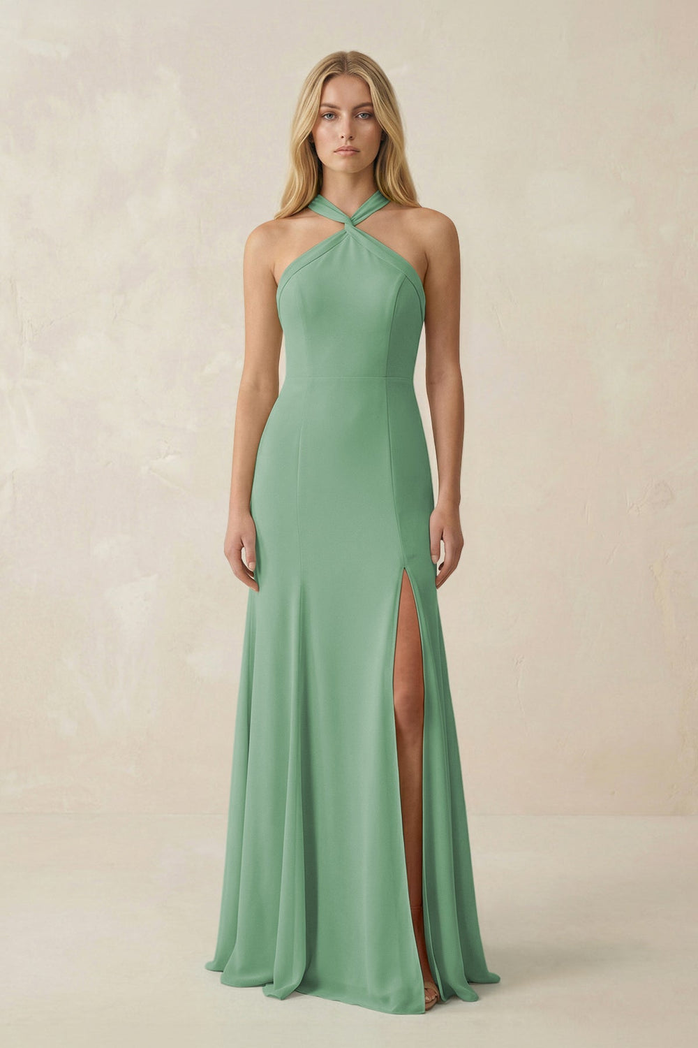 Halter Chiffon Mermaid Ruched Bridesmaid Dress in Sea Glass - SHE IS ME Bridesmaid Dresses