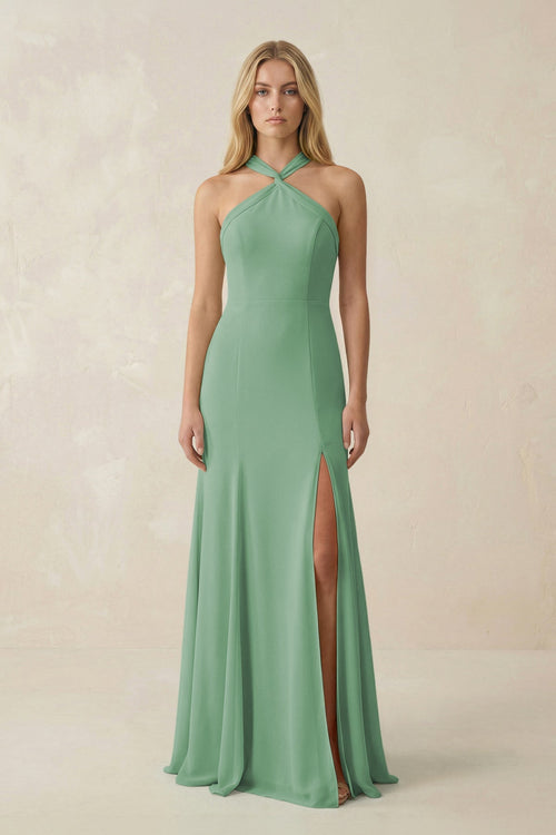 Halter Chiffon Mermaid Ruched Bridesmaid Dress in Sea Glass - SHE IS ME Bridesmaid Dresses