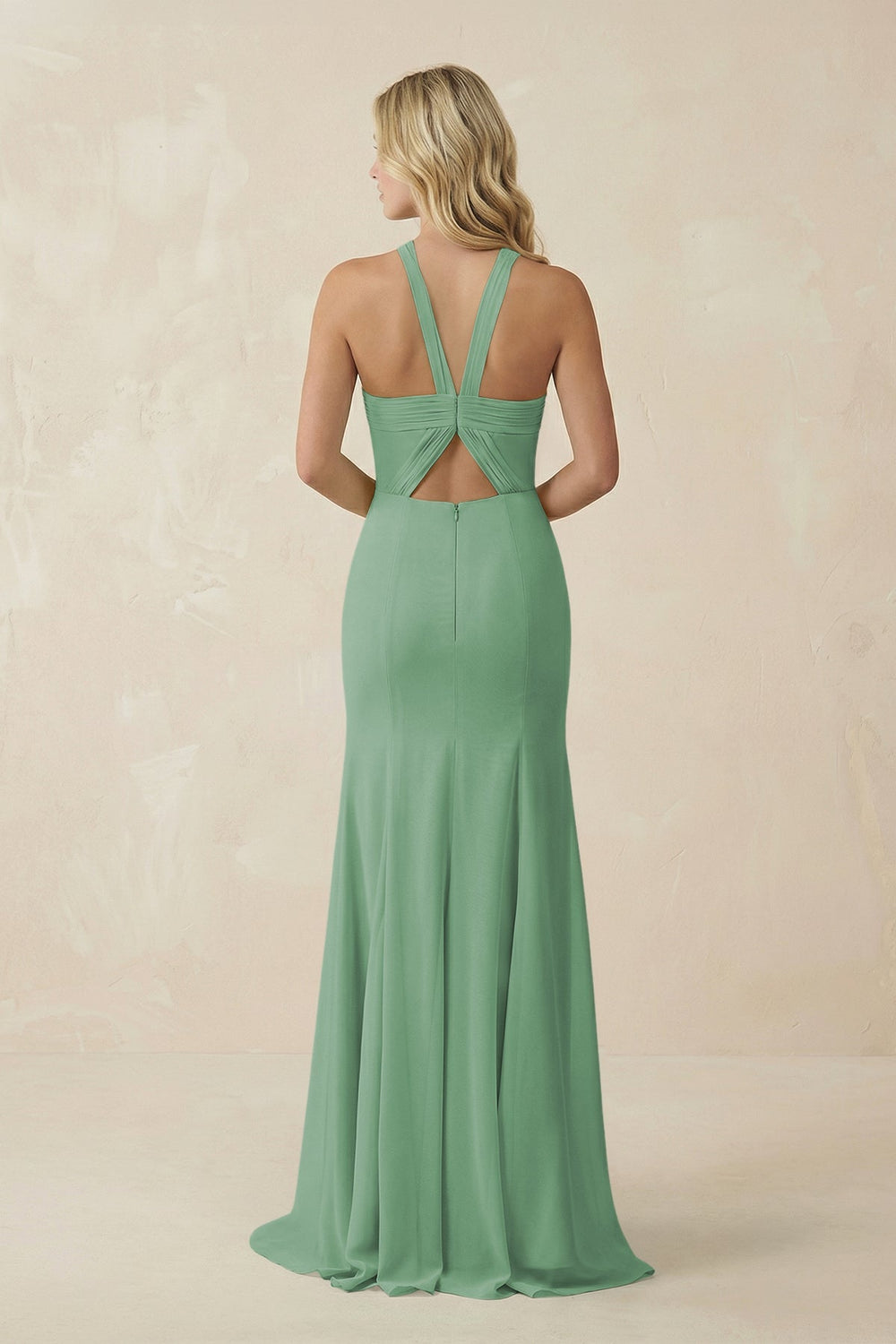 Halter Chiffon Mermaid Ruched Bridesmaid Dress in Sea Glass - SHE IS ME Bridesmaid Dresses