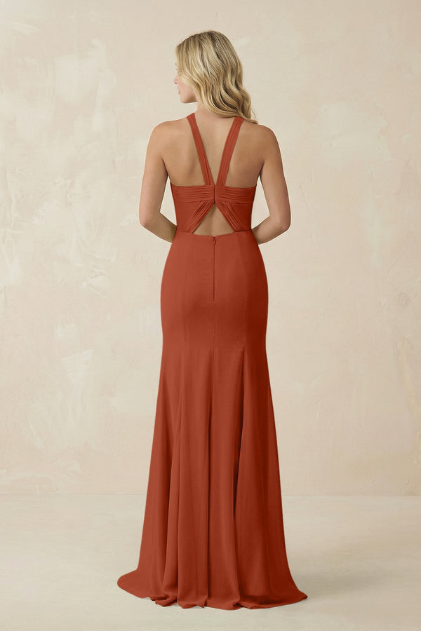Halter Chiffon Mermaid Ruched Bridesmaid Dress in Spice - SHE IS ME Bridesmaid Dresses