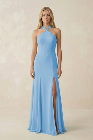 Halter Chiffon Mermaid Ruched Bridesmaid Dress in Steel Blue - SHE IS ME Bridesmaid Dresses