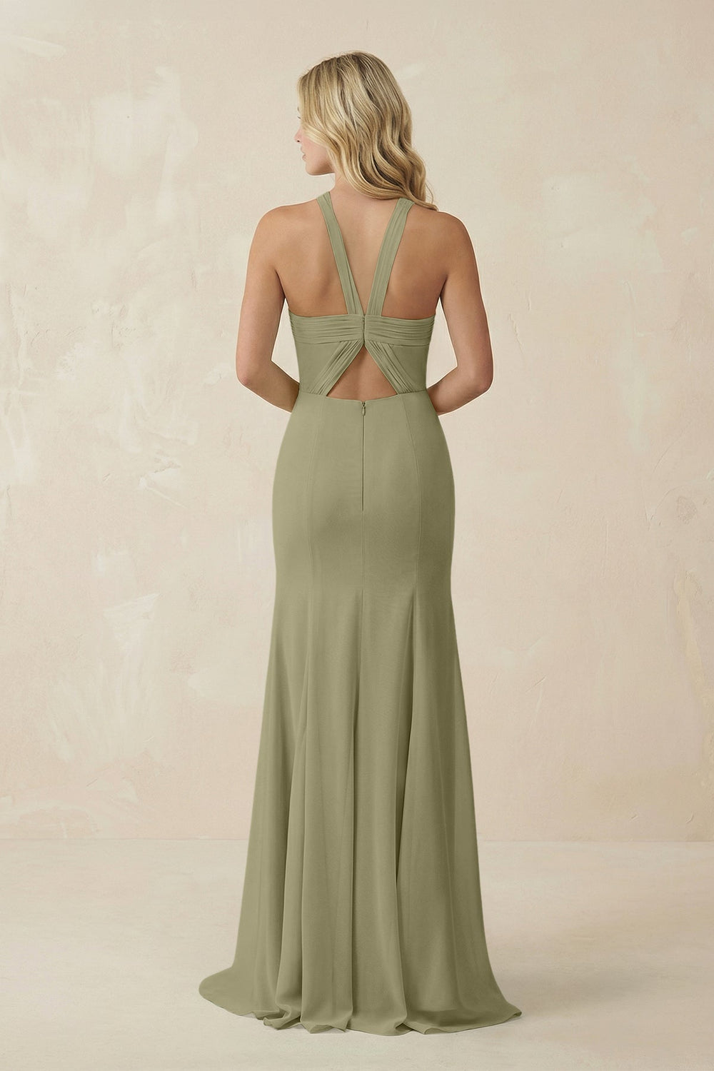 Halter Chiffon Mermaid Ruched Bridesmaid Dress in Thyme - SHE IS ME Bridesmaid Dresses