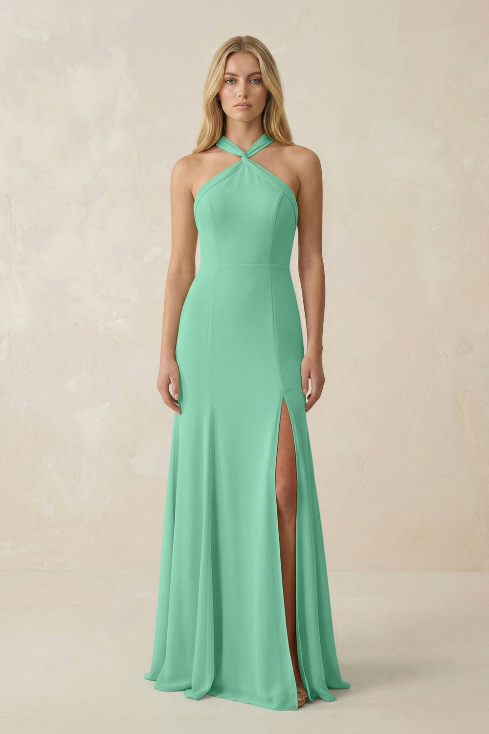 Halter Chiffon Mermaid Ruched Bridesmaid Dress in Turquoise - SHE IS ME Bridesmaid Dresses
