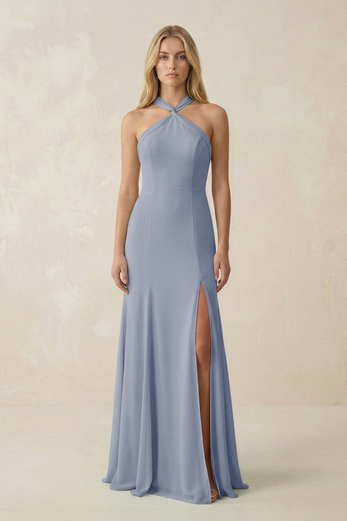 Halter Chiffon Mermaid Ruched Bridesmaid Dress in Twilight - SHE IS ME Bridesmaid Dresses