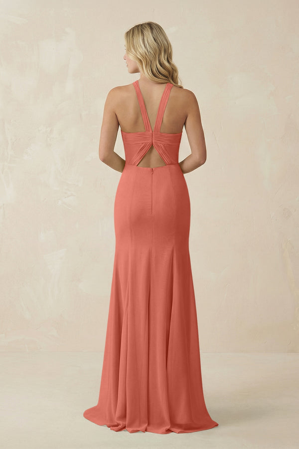 Halter Chiffon Mermaid Ruched Bridesmaid Dress in Wild Rose - SHE IS ME Bridesmaid Dresses