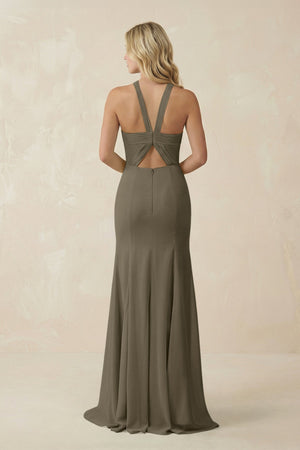 Halter Chiffon Mermaid Ruched Bridesmaid Dress in Willow Green - SHE IS ME Bridesmaid Dresses