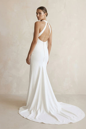 Halter Crepe Mermaid Ruched Wedding Dress in White - SHE IS ME Wedding Dresses