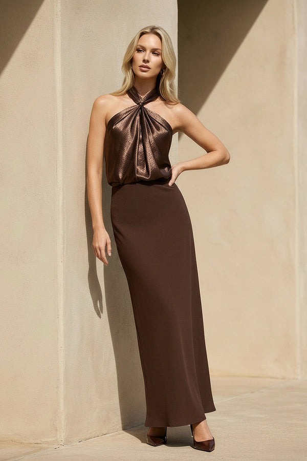 Halter Draped Maxi Dress in Brown - SHE IS ME