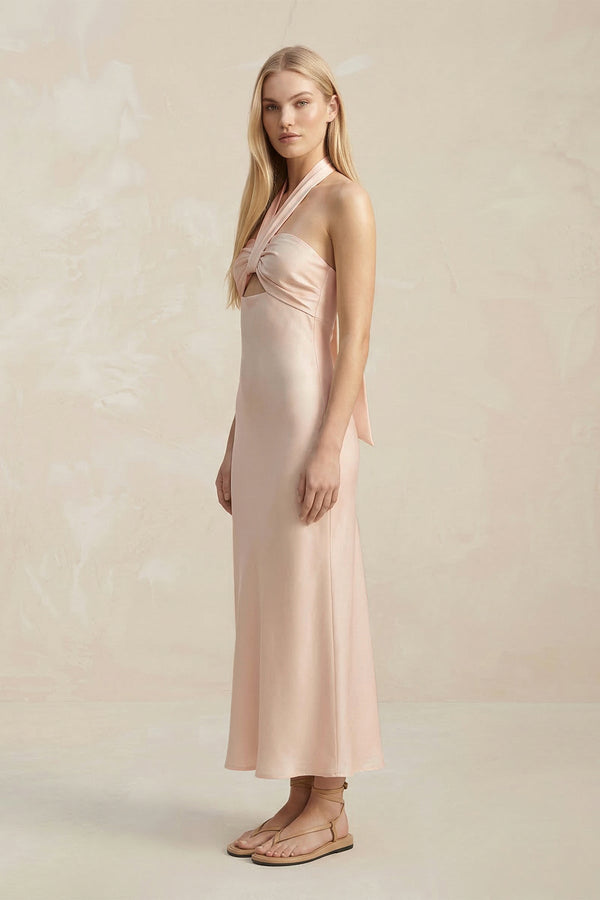 Halter Keyhole Sheath Midi Bridesmaid Dress in Buttercream - SHE IS ME Bridesmaid Dresses